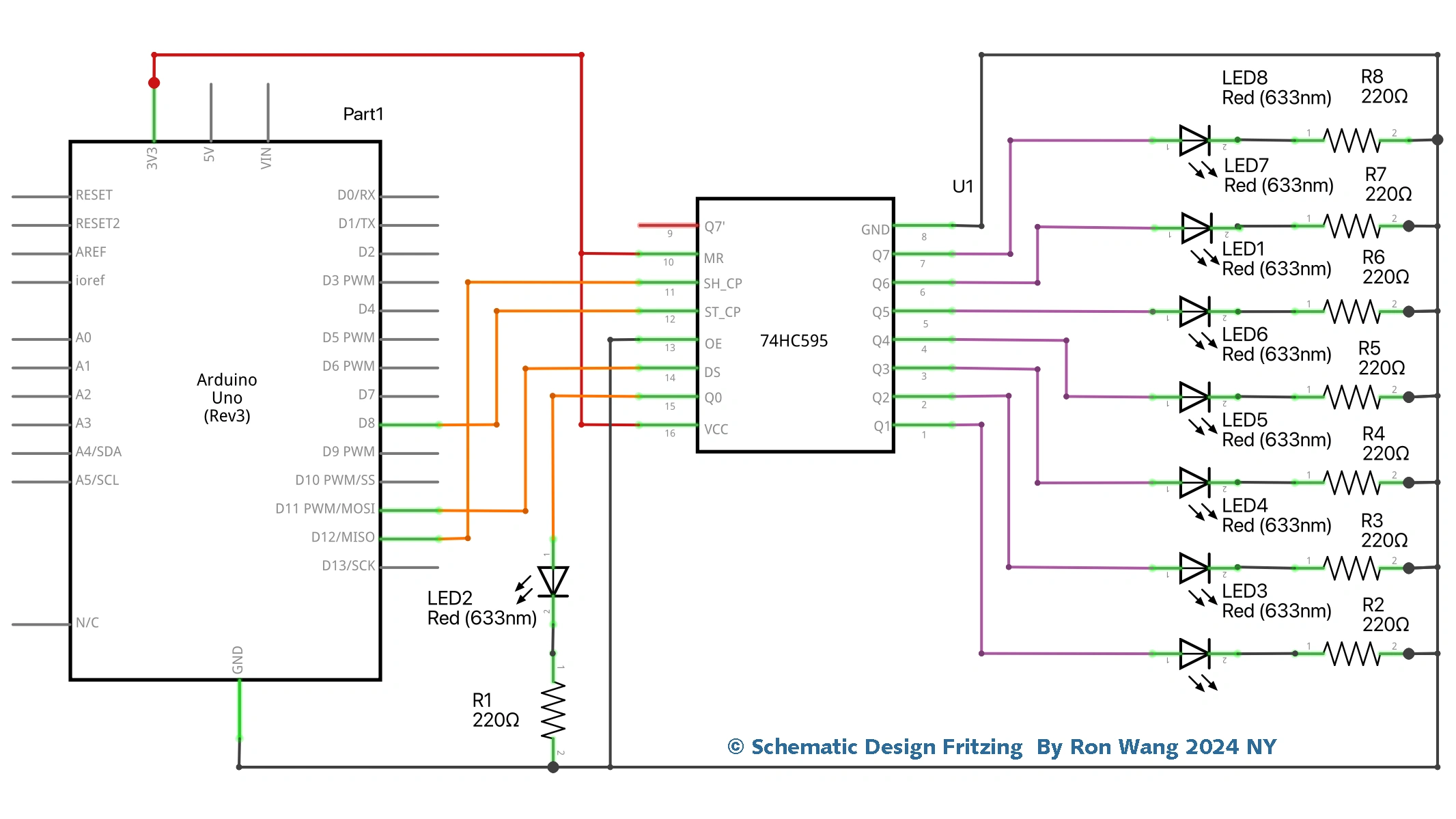 Arduino Shift Register 8-Bit Binary Counter Schematic