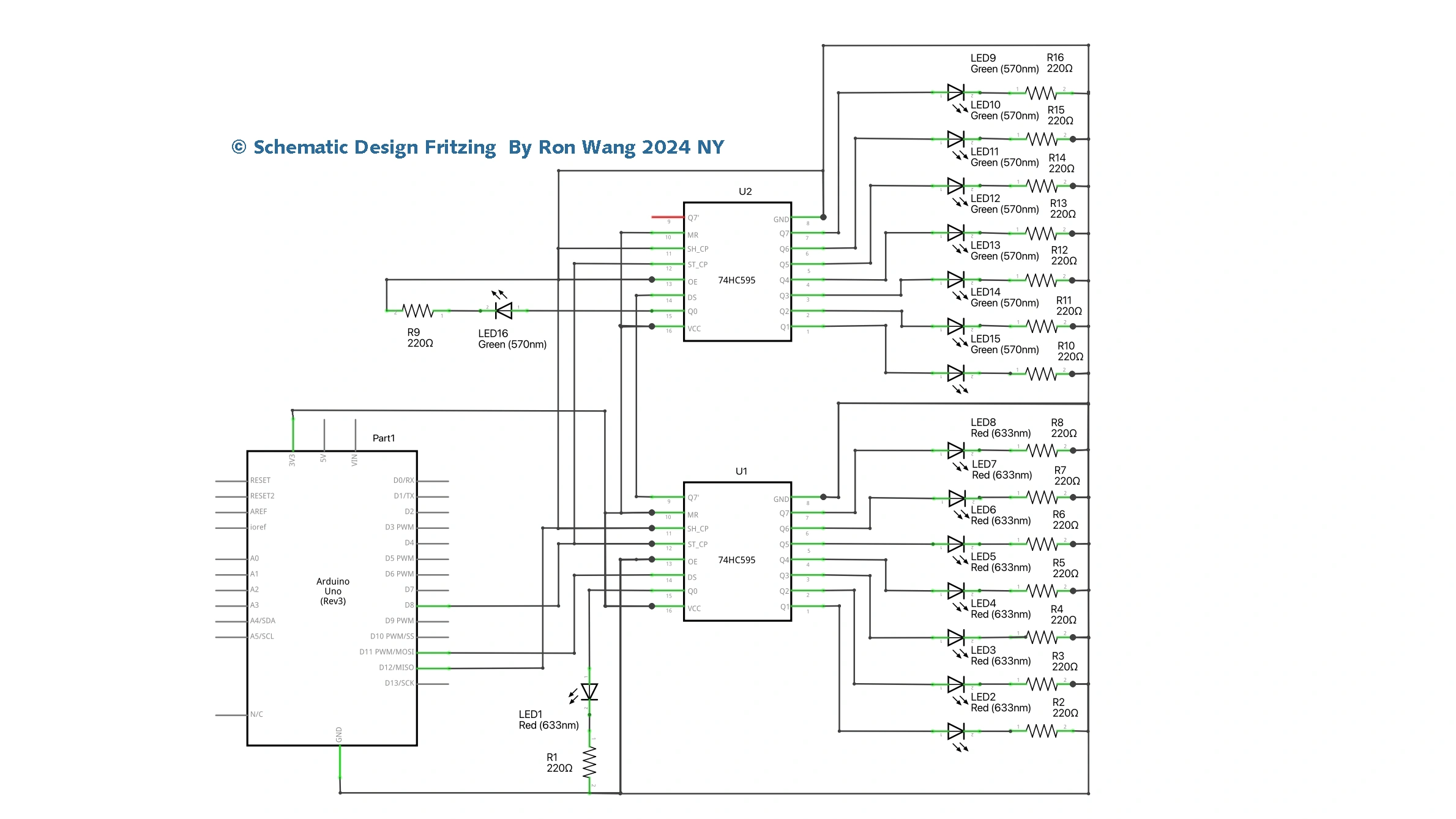 Arduino Dual Shift Register 8-Bit Binary Counter Schematic