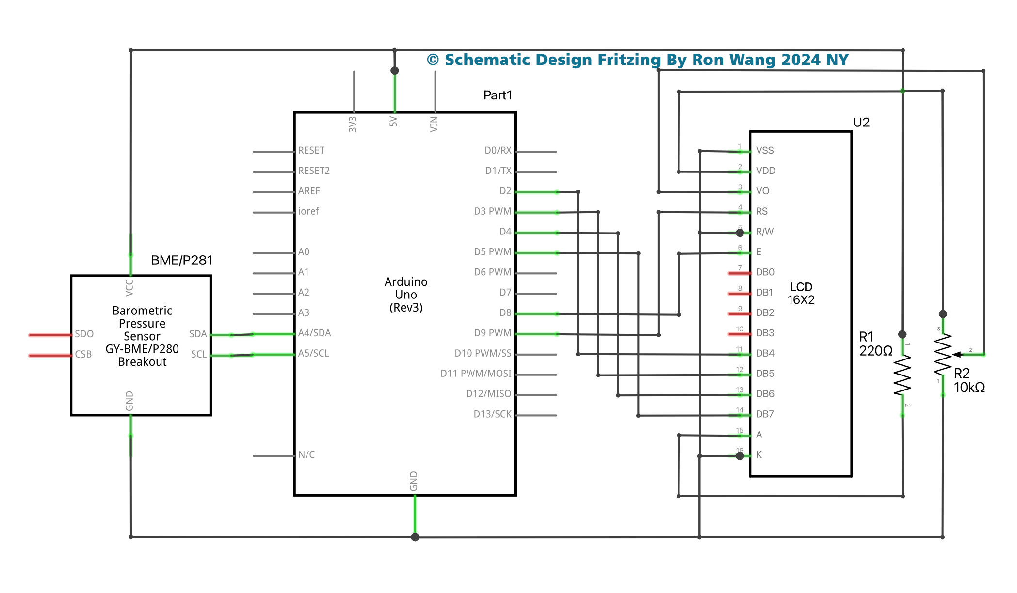 arduino BMP280 Pressure Sensor LCD Schematic 